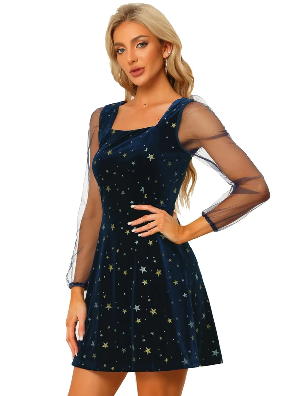 Allegra K Women's Christmas Mesh Sheer Puff Long Sleeve Square Neck Glitter Star Mini Velvet Dress, Deep Blue, M
