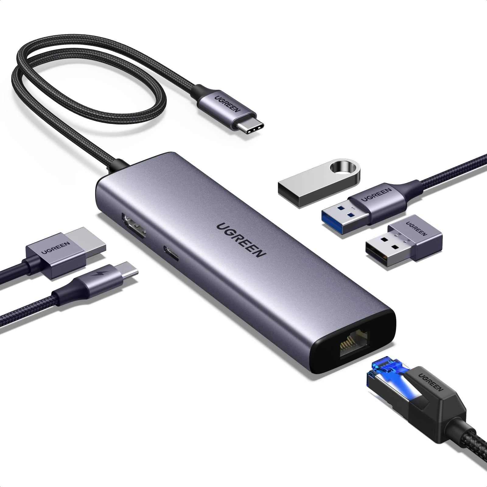 UGREEN Revodok USB C Hub, 6-in-1 USB Multiport Adaptor, 1Gbps USB-C to Ethernet Adapter, 4K HDMI, 100W PD, 3x 5Gbps USB-A Ports, Aluminum Compact USBC Dock for MacBook, HP, Dell Laptops, iPad Pro