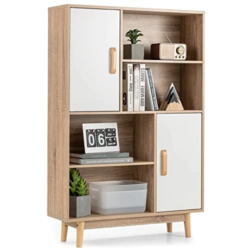 COSTWAY Wooden Bookcase with 2 Doors and 4 Open Shelves, Bookcase Wooden Shelf Storage Shelf for Study, Living Room 80 x 24 x 120 cm (White)