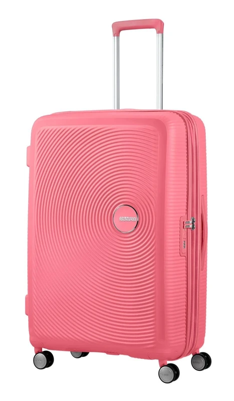 American Tourister Soundbox - Hard Shell Suitcase 77 cm Large - Trolley Case with 4 Wheels, TSA Lock, Expandable & Light - 97/110 L - Sun Kissed Coral
