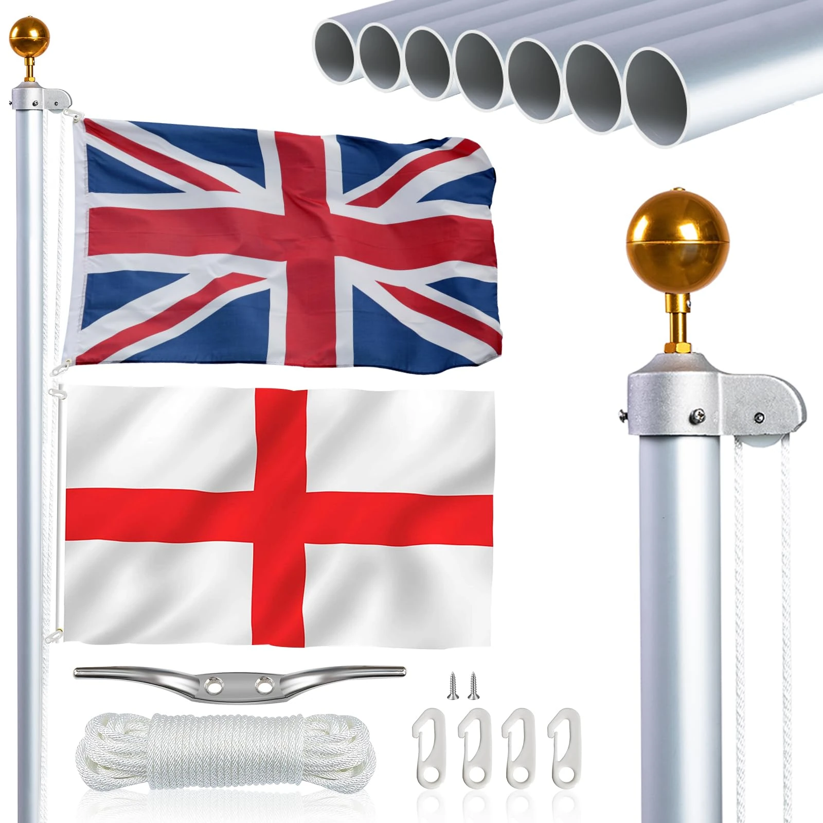 NQ 20FT (6M) Flag Poles for Garden, Sectional Heavy Duty Aluminum Flag Pole Kit with UK Flag, Flag Pole Topper, Flagpole Rope, Outdoor in Ground Flag Pole for Yard Residential, Commercial Use (Silver)