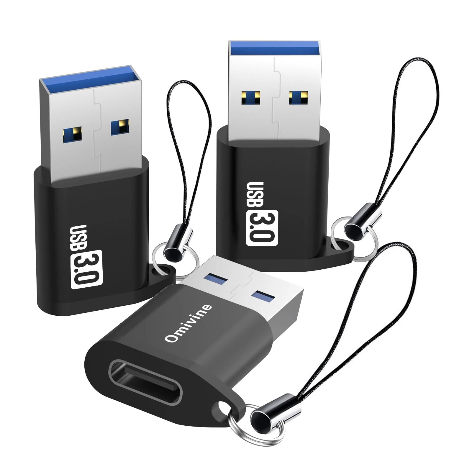 Omivine USB 3.0 to USB-C Adapter, 3 Pack Type-C Female to USB-A Male 5G bps Data Sync Adapter with Lanyard, USB A to USB C Converter for Phone/Laptop/Car/Power Bank/Hubs/Headphone/Mic/Sound Card, ect