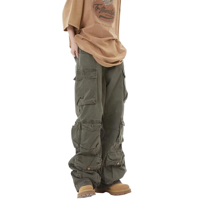 Women's Baggy Cargo Pants Y2K Clothing Multi-Pocket Relaxed Fit Jeans Fairy Grunge Clothes Alt Emo Streetwear, Army Green, XL