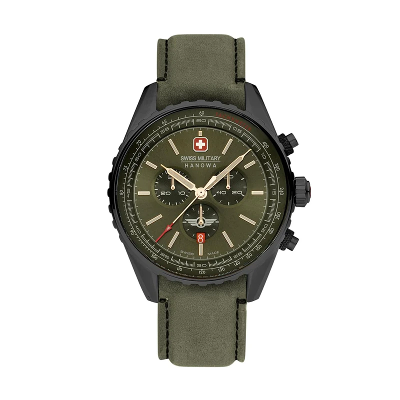 Swiss Military Hanowa Afterburn Chrono Men's Watch with Genuine Leather Strap or Metal Strap Date Sapphire Glass, Green, One Size, Classic