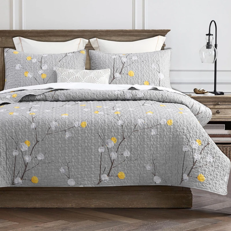 DURLENGEN Floral Quilt Cover Set California King Size 3Pcs, Grey Branch with Yellow Turquoise Polka Dot Pattern All Season Lightweight Coverlet Sets(Cal King 112x104, Botanical Teal)