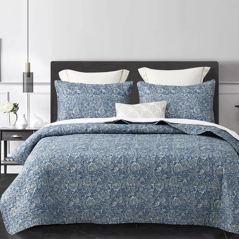 DURLENGEN Quilt Set King Size 3Pcs,Soft Microfiber Lightweight Bedspread,Blue & Green Paisley Floral Geometric Pattern Coverlet for All Season Layering(King 106x96,Paisley Blue)