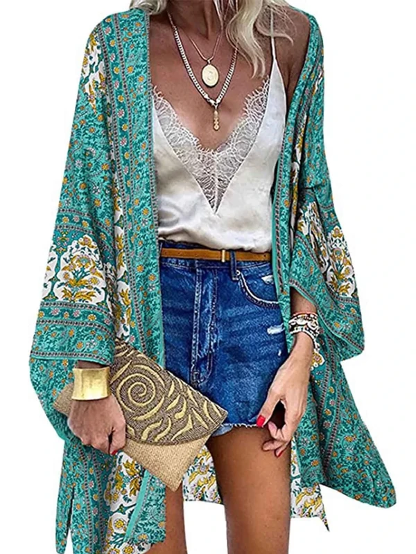 CheChury Kimono Cardigans for Women Bohemian Tops Beach Coverups Floral Print 3/4 Sleeve Kimono Swimsuit Cover Up Beachwear Shawl Casual Blouse Top Boho Summer Ladies Cardigan,Green,L