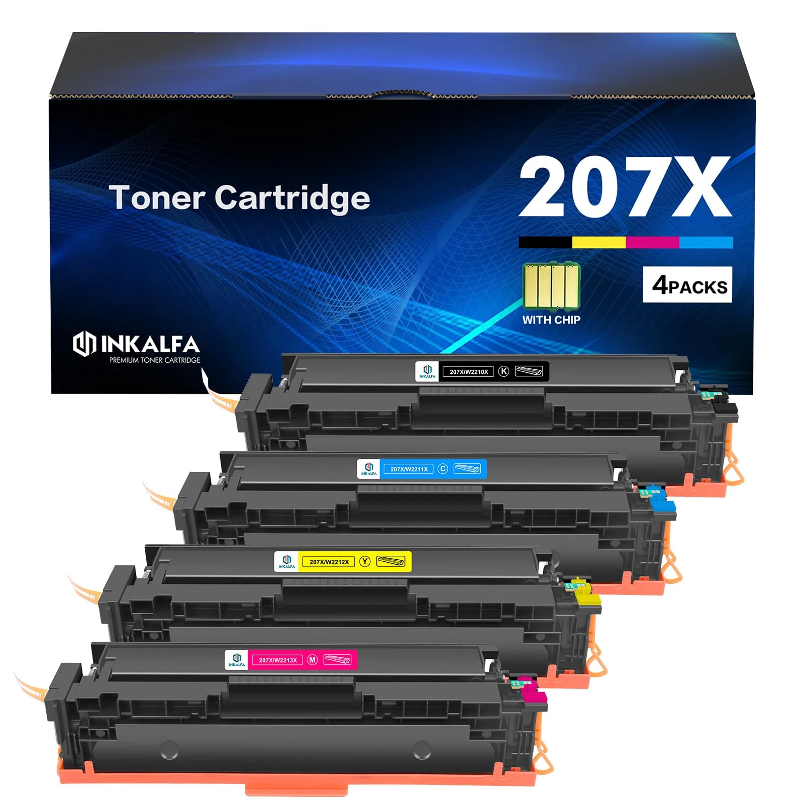 207X 207A M283fdw Toner Cartridge With Chip for HP 207X 207A Color Laserjet Pro MFP M283fdw M255dw M282nw M283fdn M255nw W2210X W2211X W2212X W2213X M283 M255 M282 - Black Cyan Yellow Magenta 4-Pack