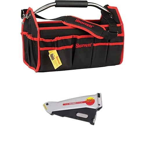 Bundle of Starrett 99210-11 Large, Heavy Duty Tool Bag + Starrett S011 Hidden Edge Safety Knife with Three Blades, Black