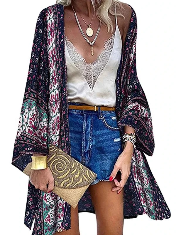 CheChury Kimono Cardigans for Women Bohemian Tops Beach Coverups Floral Print 3/4 Sleeve Kimono Swimsuit Cover Up Beachwear Shawl Casual Blouse Top Boho Summer Ladies Cardigan,Navy,M