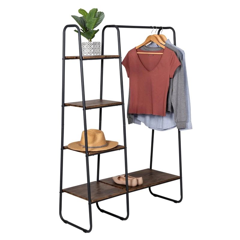 Honey-Can-Do Freestanding Metal Clothing Rack with Wood Shelves, Black/Natural, GAR-09567