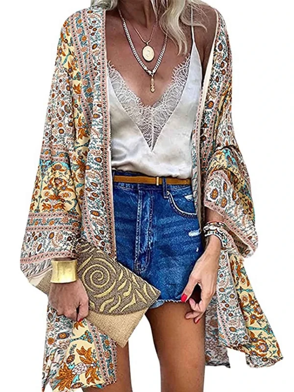 CheChury Kimono Cardigans for Women Bohemian Tops Beach Coverups Floral Print 3/4 Sleeve Kimono Swimsuit Cover Up Beachwear Shawl Casual Blouse Top Boho Summer Ladies Cardigan,Beige,L