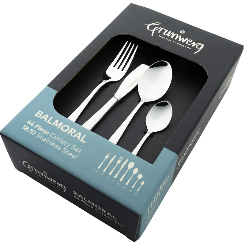 Grunwerg Balmoral 44 Piece Boxed Mirror Cutlery Set, 18/10 Stainless Steel, 6 x Table Knives, Forks, Dessert Spoons, Soup Spoons, Teaspoons, Tablespoons, Silver