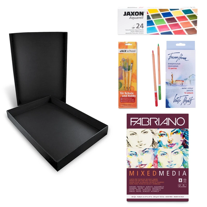 Honsell 14-99891 Paint Acquarello-Artist, Black Storage Box with 24 Fine Colours, 12 Watercolour Pencils, Brush Set and a Drawing Pad A5, Acrylic Metal, White, für DIN A4