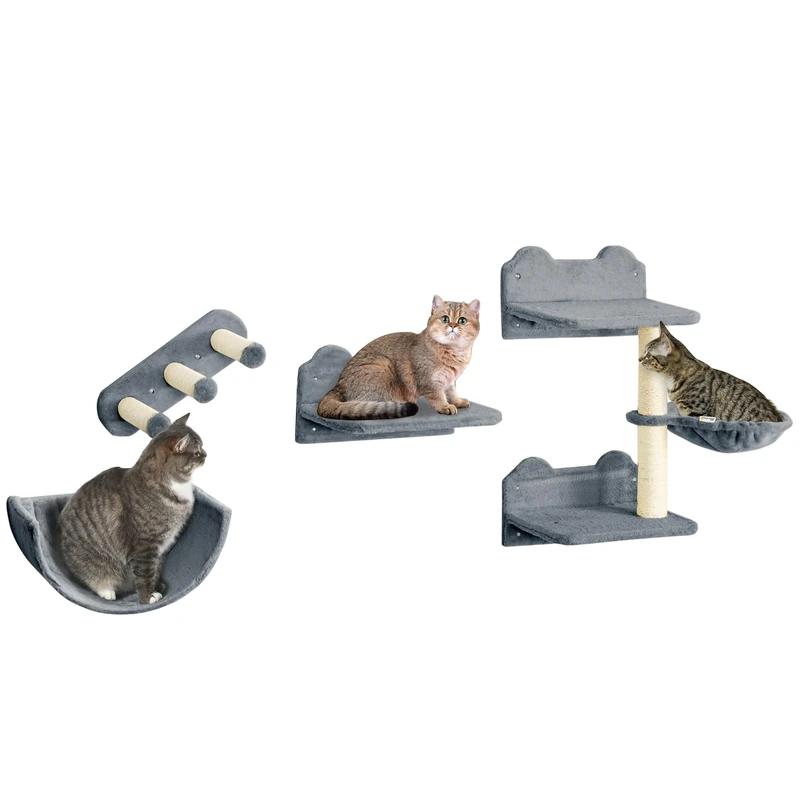 PawHut 4PCs Wall Mounted Cat Tree Cat Wall Shelves Furniture Climbing Shelf Set Kitten Activity Centre with Hammock, Scratching Post - Grey