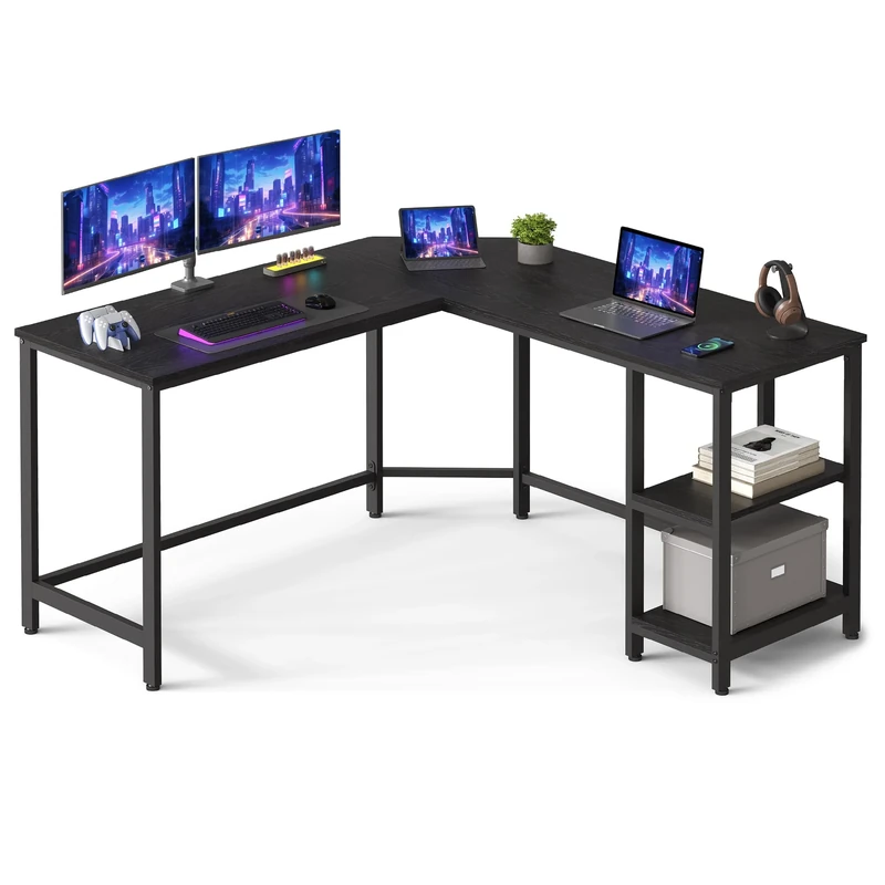 VASAGLE Computer Desk, L-Shaped Corner Desk, Gaming Desk, Workstation with 2 Storage Shelves for Home Office, Space-Saving, Easy to Assemble, Black with Wood Grain LWD072B56, 138 x 138 x 76 cm
