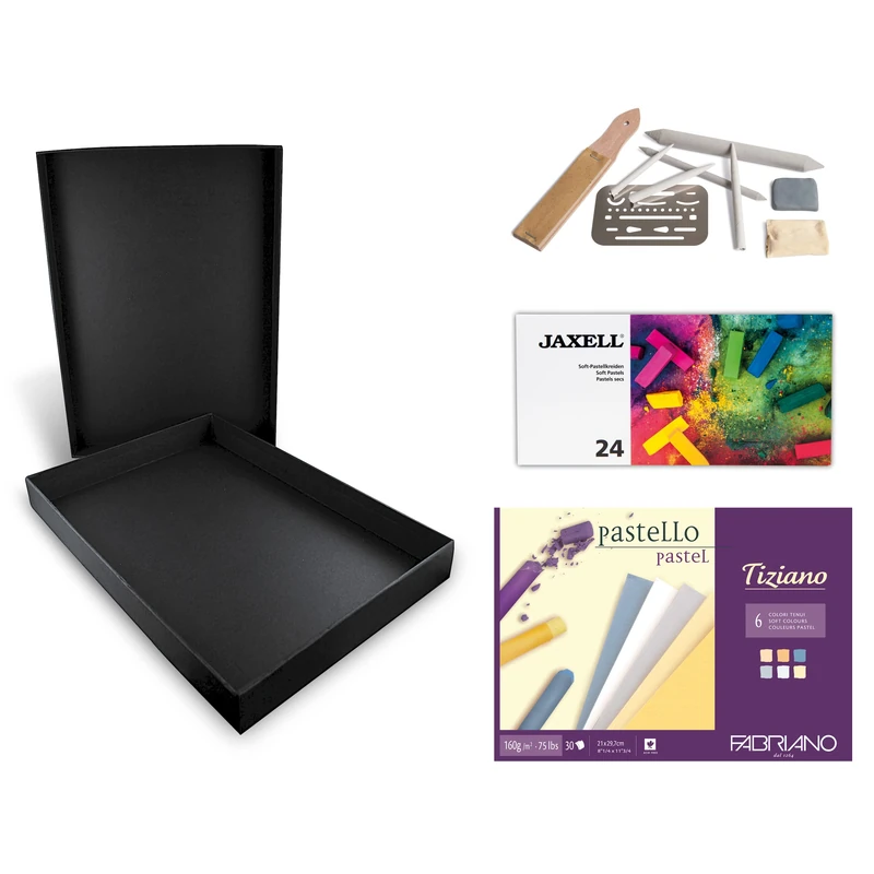Honsell 14-99890 Pastel Paint Set Pastelli Artist Set, Black Storage Box with 24 Soft Pastels, Drawing Accessory Set and a Drawing Pad in DIN A4