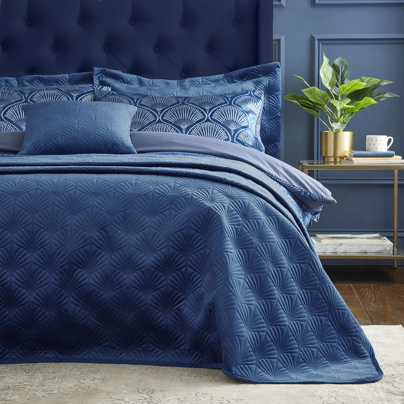 Catherine Lansfield Bedroom Art Deco Pearl 220x230cm Quilted Bedspread Navy Blue