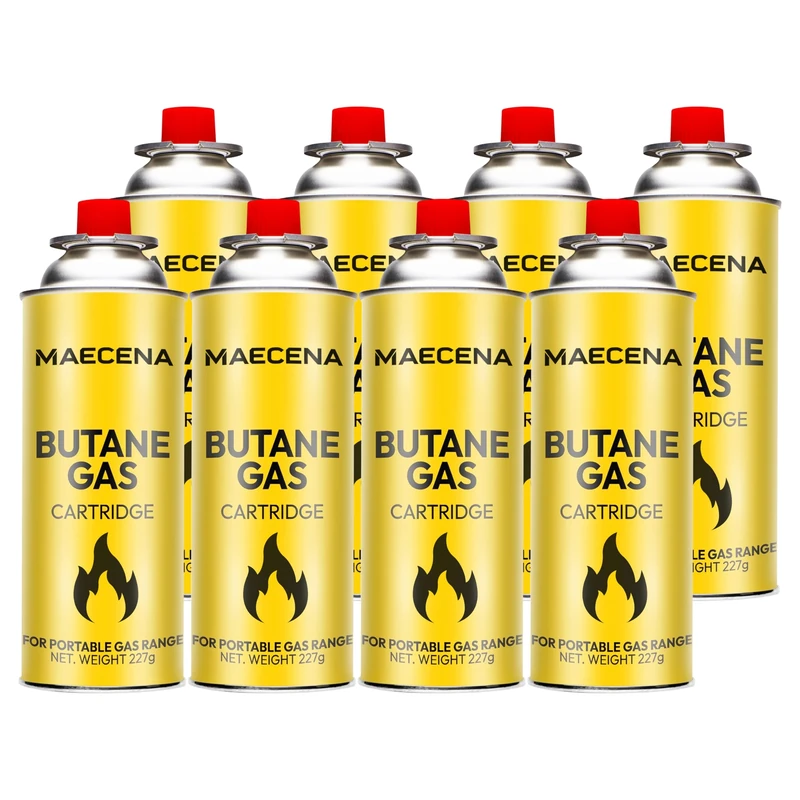 MAECENA Butane Gas Canisters (Pack of 8) Universal Fit for Camping Stoves, BBQs, Heaters, Blow Torchs & More – Lightweight, Leak-Proof, High-Efficiency Fuel Bottles for Outdoor Use