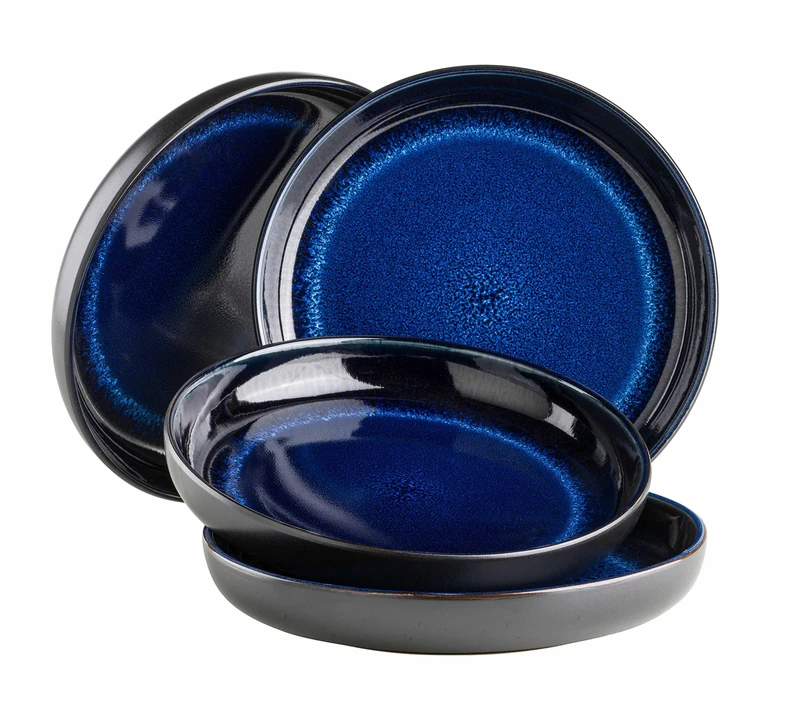 MÄSER Niara Series, Modern Soup Plate Set for 4 People in Exciting Vintage Look, Large Deep Plates for Pasta and Soups Made of Ceramic, Stoneware, Blue/Black