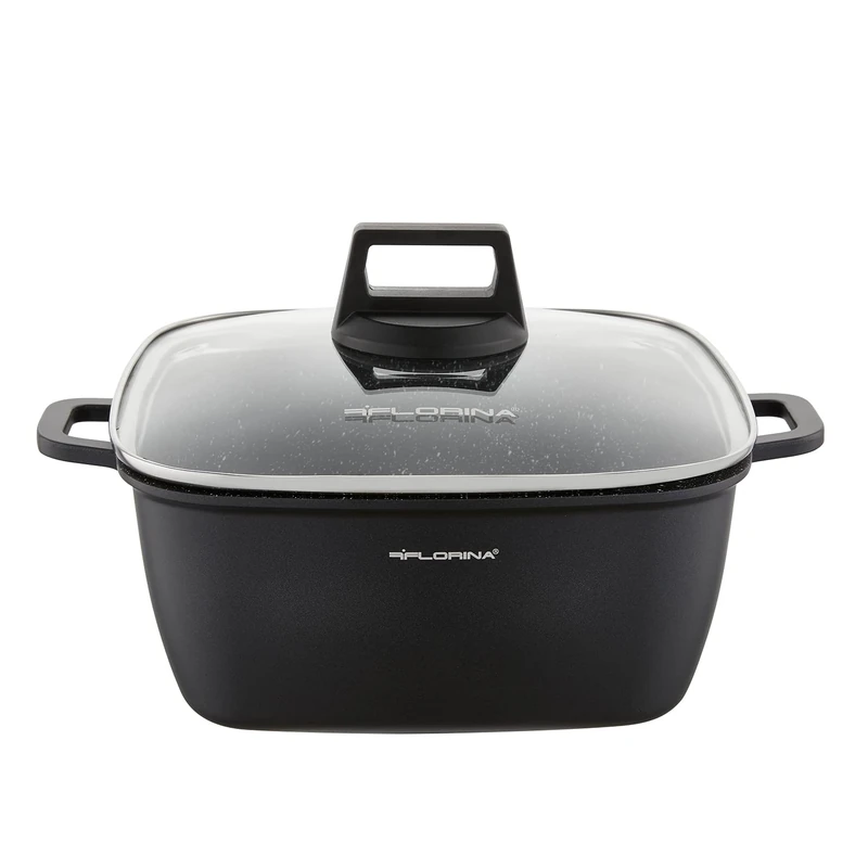 FLORINA Aluminium Pot (4.6 L) | D x W x H: 24 x 24 x 11 cm | Cooking Pot with Glass Lid - Non-Stick Coating | Induction Pot - Rectangular | Ideal for Induction Cookers, Gas Hobs and Electric Hobs