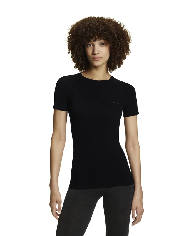 FALKE Women's Wool-Tech Light Round Neck W S/s Ts Functional Yarn Quick Dry 1 Piece Base Layer Top, Black 3000, M