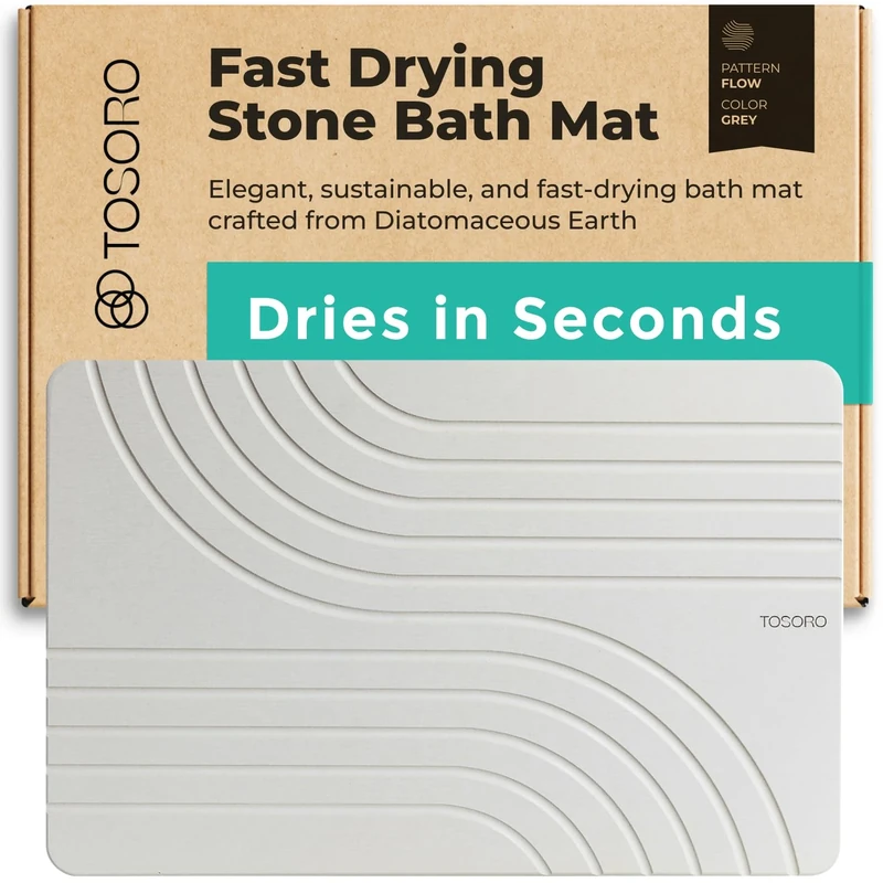 TOSORO - Stone Bath Mat, Diatomaceous Earth Non-Slip Shower Mat - Quick Drying Absorbent Bath Stone Mat - Elegant & Modern Design, Easy to Clean (23.5 x 15 Grey)