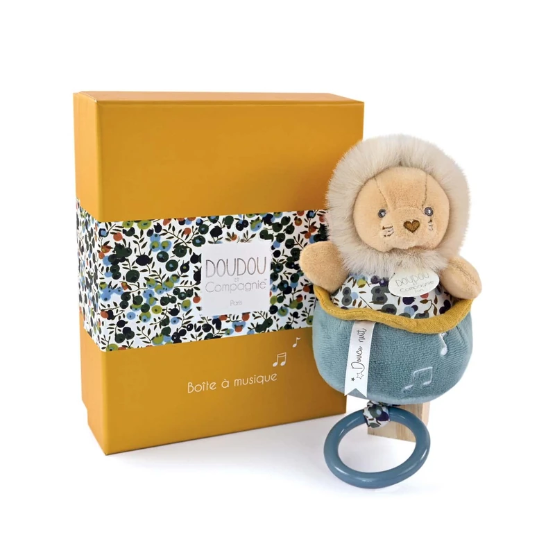 Doudou et Compagnie - Boh'aime - Lion Music Box - Yellow - 20 cm - Birth Gift - Beautiful Gift Box - DC4026