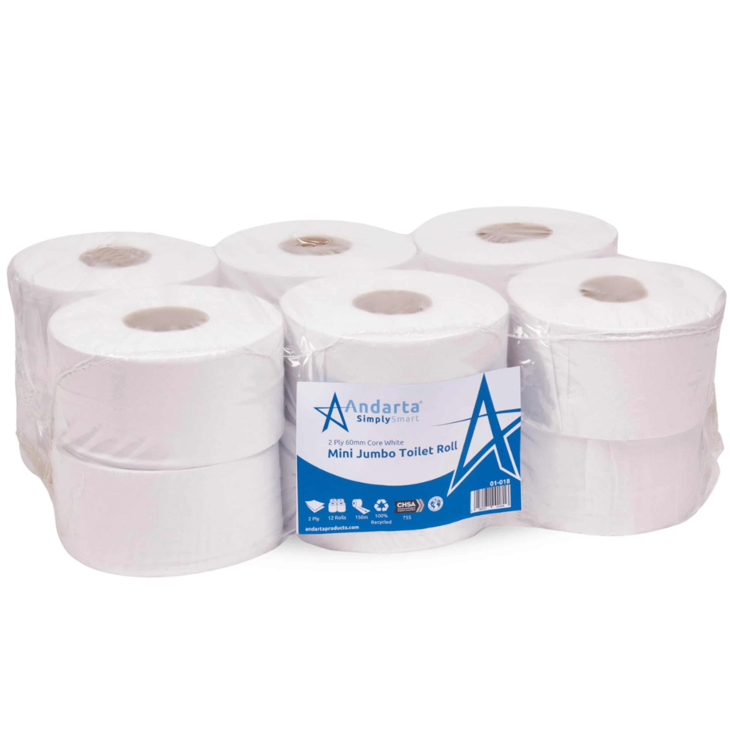 Andarta - 62mm Core 2Ply Mini Jumbo White Toilet Rolls - Pack of 12 High Capacity Toilet Roll - 150m Per Roll - Made from Recycled Materials - Suitable for All Jumbo Dispenser