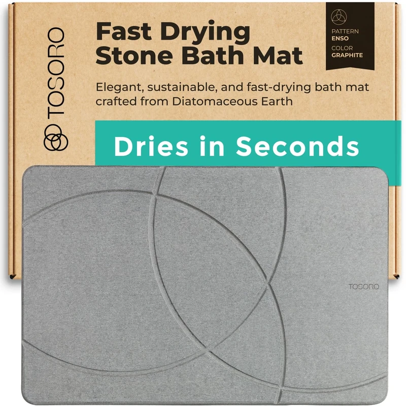 TOSORO - Stone Bath Mat, Diatomaceous Earth Non-Slip Shower Mat - Quick Drying Absorbent Bath Stone Mat - Elegant & Modern Design, Easy to Clean (23.5 x 15 Graphite)