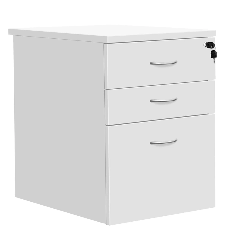 Heavy Duty 3 Drawer (1 for Filing) Mobile Pedestal Filing Cabinet, File Cabinet, Office Cabinet with Anti-Tilt Mechanism & Lockable Office Storage, 5 Year Wty, White