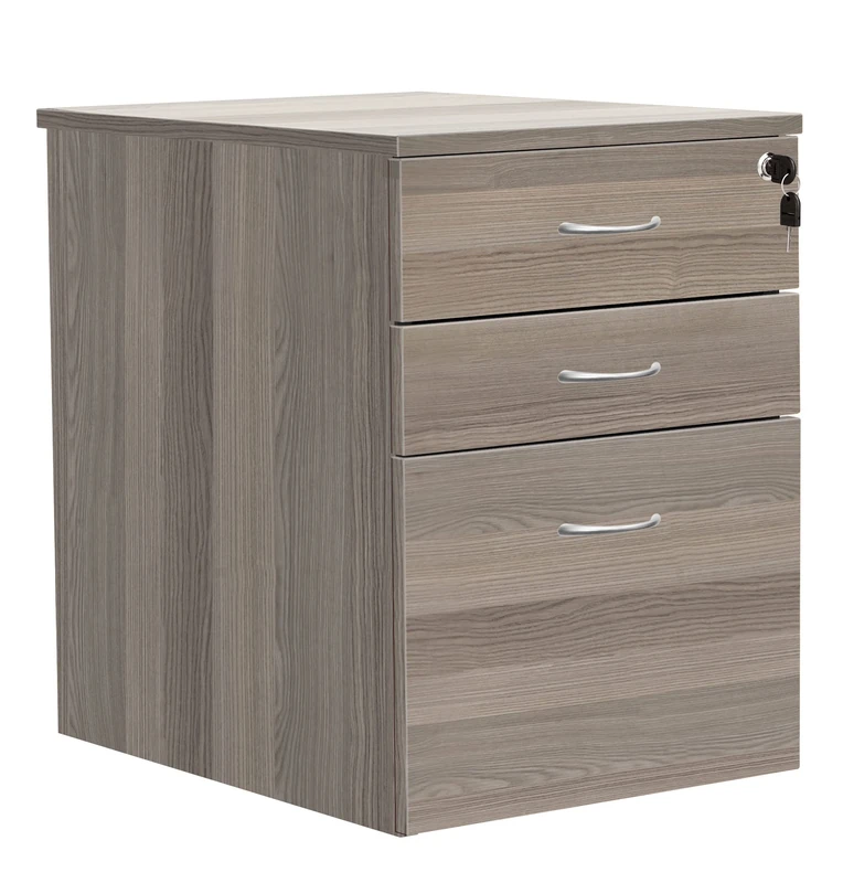 Heavy Duty 3 Drawer (1 for Filing) Mobile Pedestal Filing Cabinet, File Cabinet, Office Cabinet with Anti-Tilt Mechanism & Lockable Office Storage, 5 Year Wty, Grey Oak