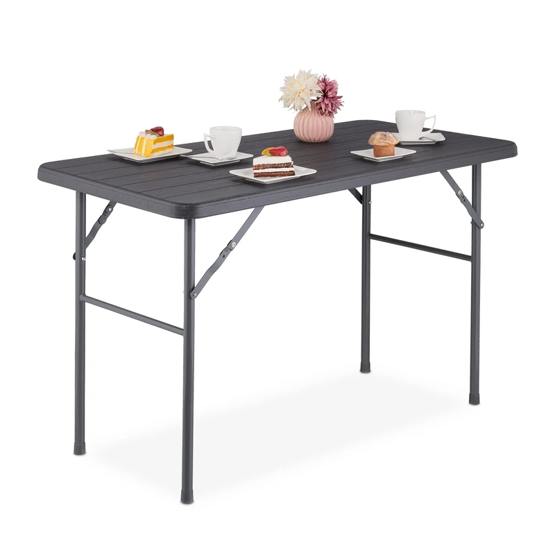 Relaxdays Garden, Wood Look, Angular, HxWxD: 74 x 118 x 60 cm, Plastic, Metal, Folding Patio Table, Grey