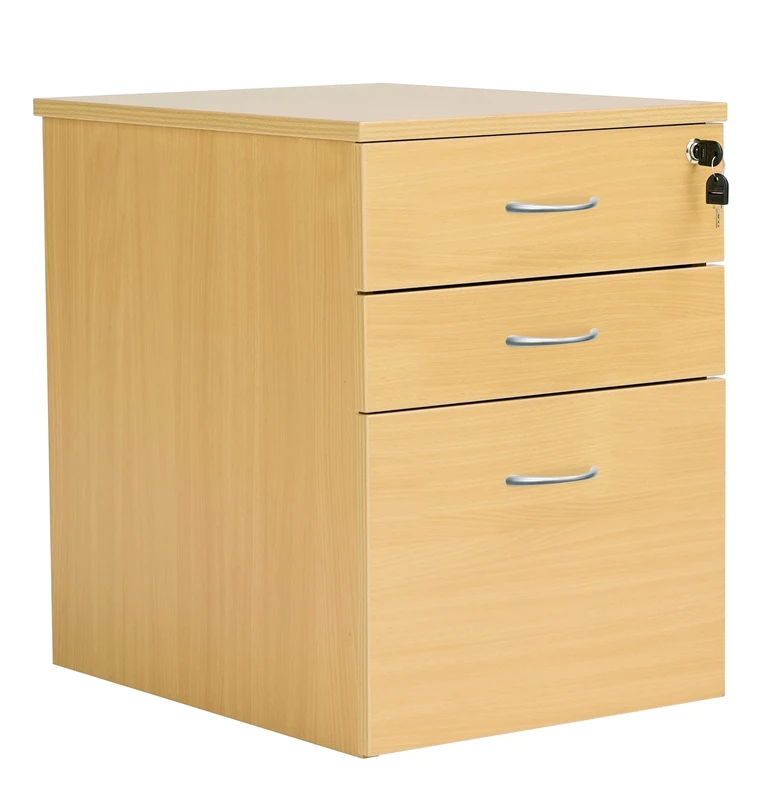 Heavy Duty 3 Drawer (1 for Filing) Mobile Pedestal Filing Cabinet, File Cabinet, Office Cabinet with Anti-Tilt Mechanism & Lockable Office Storage, 5 Year Wty, Oak