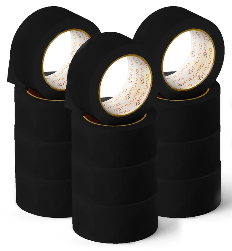 OFITURIA Black Adhesive Tape for Packing and Organising Your Boxes and Shipments, Seal in Various Bright Colours 66 m x 48 mm (12 Units - Black)