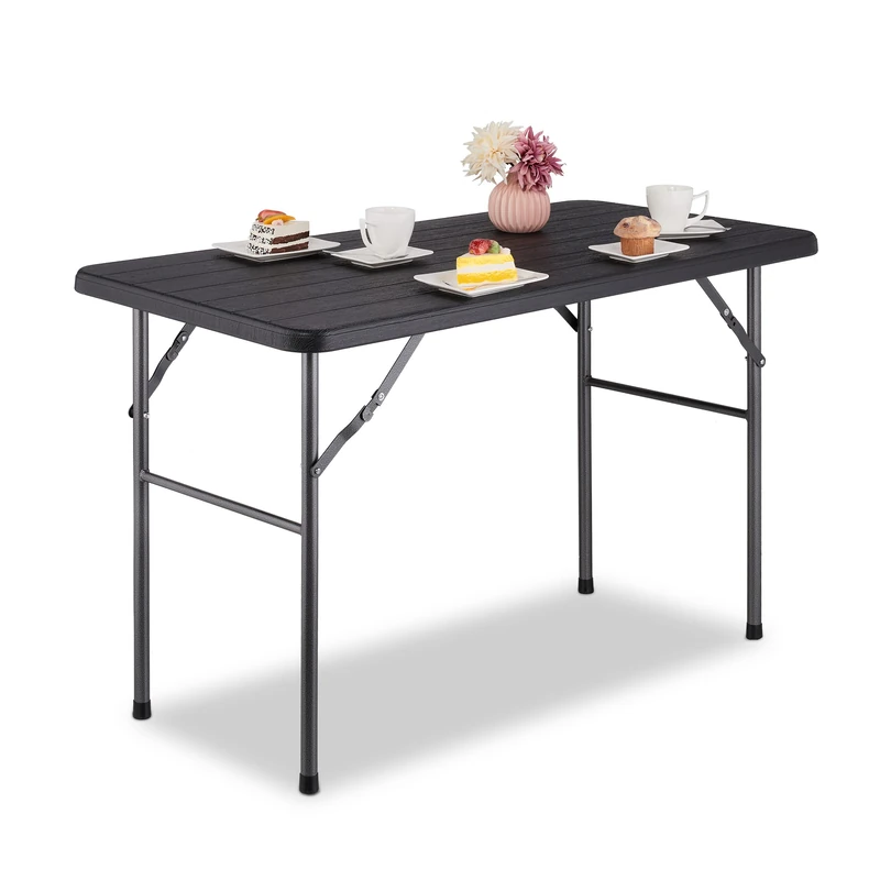 Relaxdays Garden Table, Wood Look, Angular, HxWxD: 74 x 118 x 60 cm, Plastic, Metal, Folding Patio Table, Black