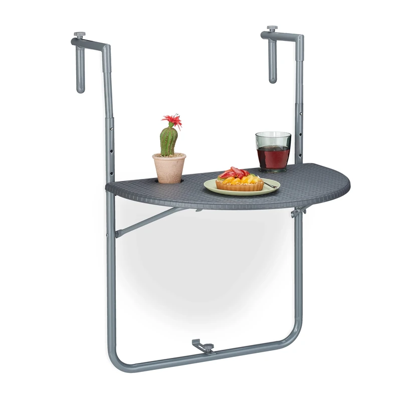 Relaxdays Balcony Hanging Table Foldable, WXD: 59.5 x 63 cm, Height Adjustable, 2 Cup Holders, Grey, 84x59.5x63 cm