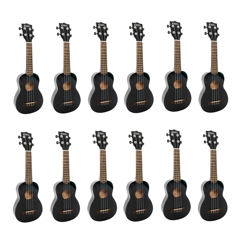 Soprano ukulele 12 pack in black with black bags