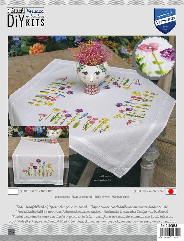 Vervaco Tablecloth Kit Spring Flowers - 80 x 80 cm White