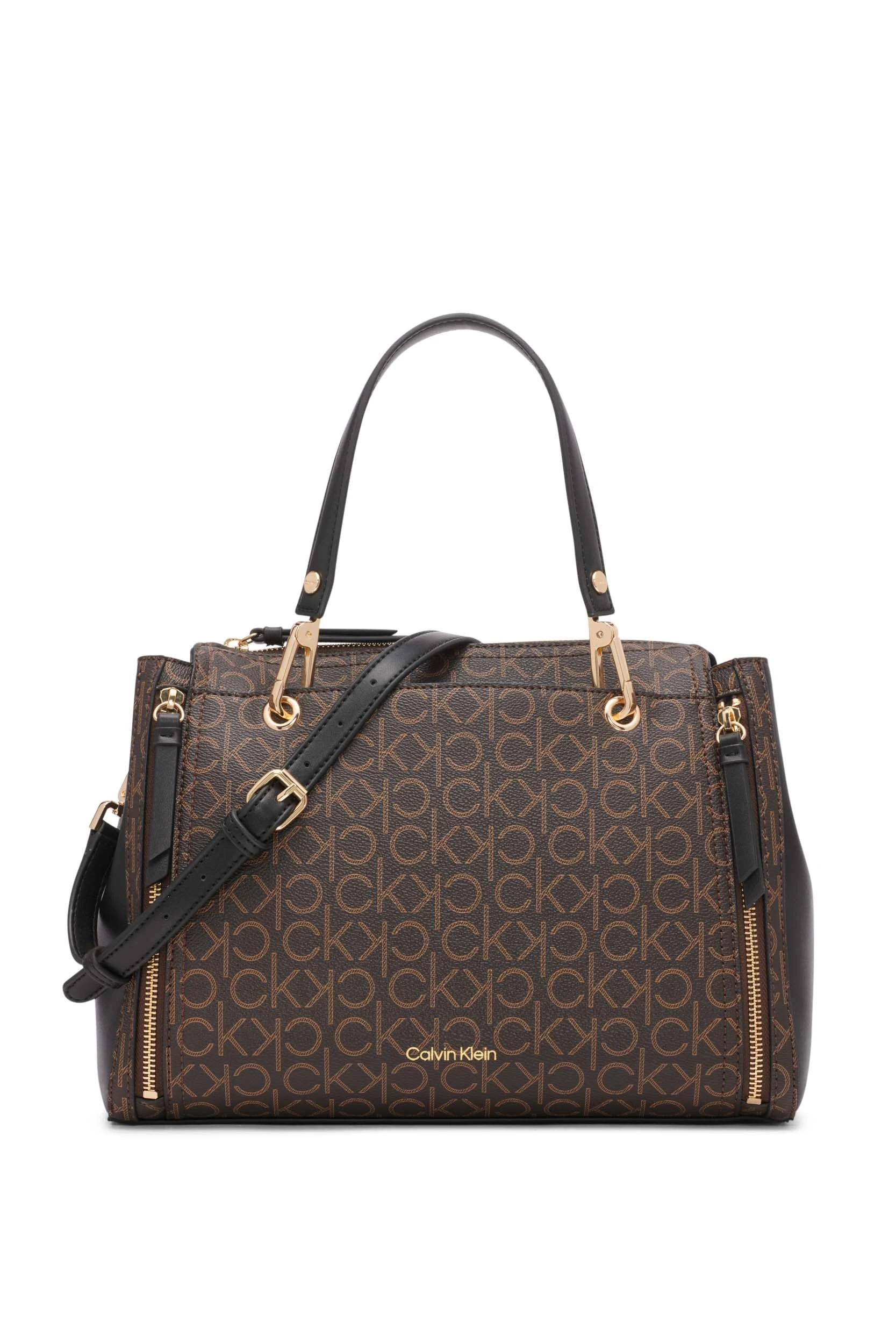 Calvin Klein Women's Organization Elaine Bubble Lamb Novelty Satchel, Brown/Khaki/Black Linear, One Size