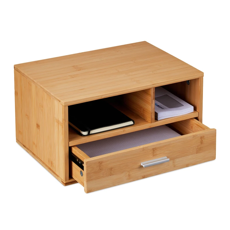Relaxdays Desk Organiser, 2 Compartments & 1 Drawer, HxWxD: 22 x 40 x 31 cm, Bamboo, Desktop Utensils Storage, Natural - Image 1