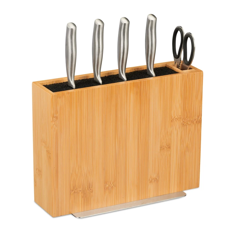 Relaxdays Knife Block, Bamboo, Storage for Blades, Universal Holder, Bristle Insert, Rack, Without Knives, Natural/Black, 23 x 30 x 12 cm