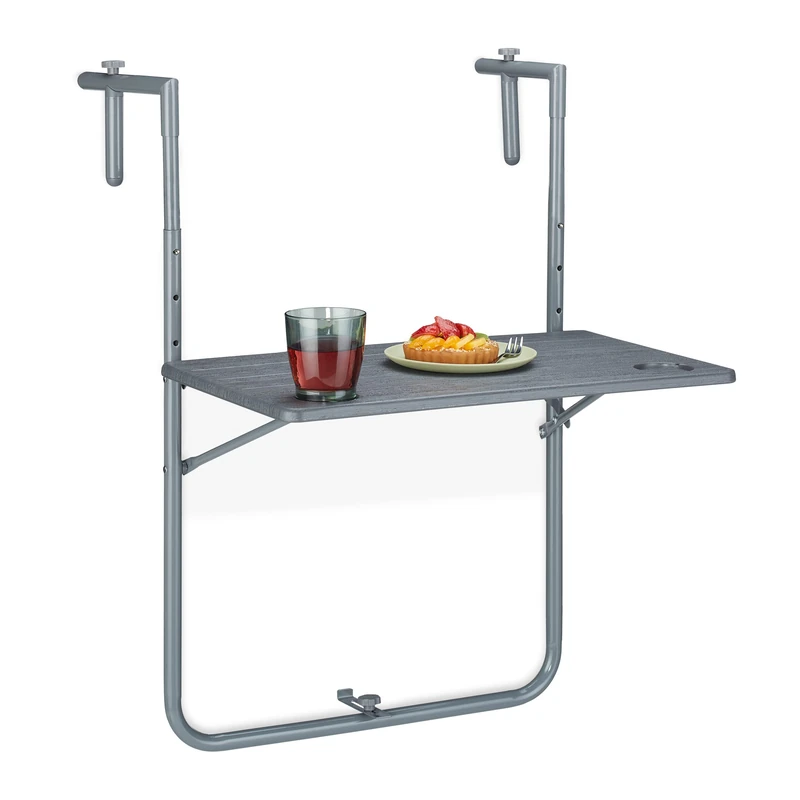 Relaxdays Balcony Hanging Table Foldable, WxD: 59.5 x 63 cm, Height Adjustable, 2 Cup Holders, Grey