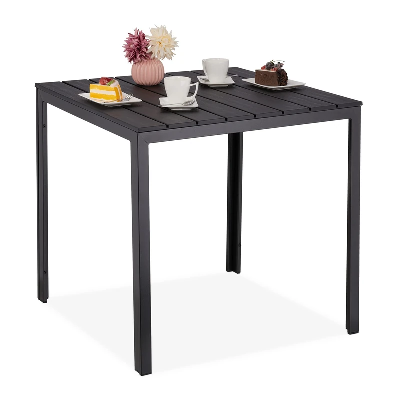 Relaxdays Garden Table, HxWxD: 74x78x78 cm, Balcony Table Wood Look, Plastic, Steel, Patio Table Square, Black