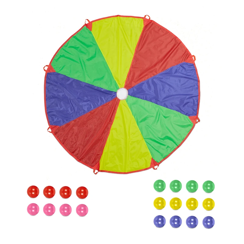 Relaxdays Play Parachute, for Children, 3.5m Diameter, 8 Handles, Rainbow, 20 Balls Game, Sport Equipment, Multicoloured, Polyester, 350 cm