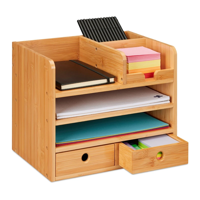Relaxdays Desk Organiser, 2 Drawers, 5 Compartments, HxWxD: 26.5 x 33 x 24 cm, Bamboo, Office, Natural Wood