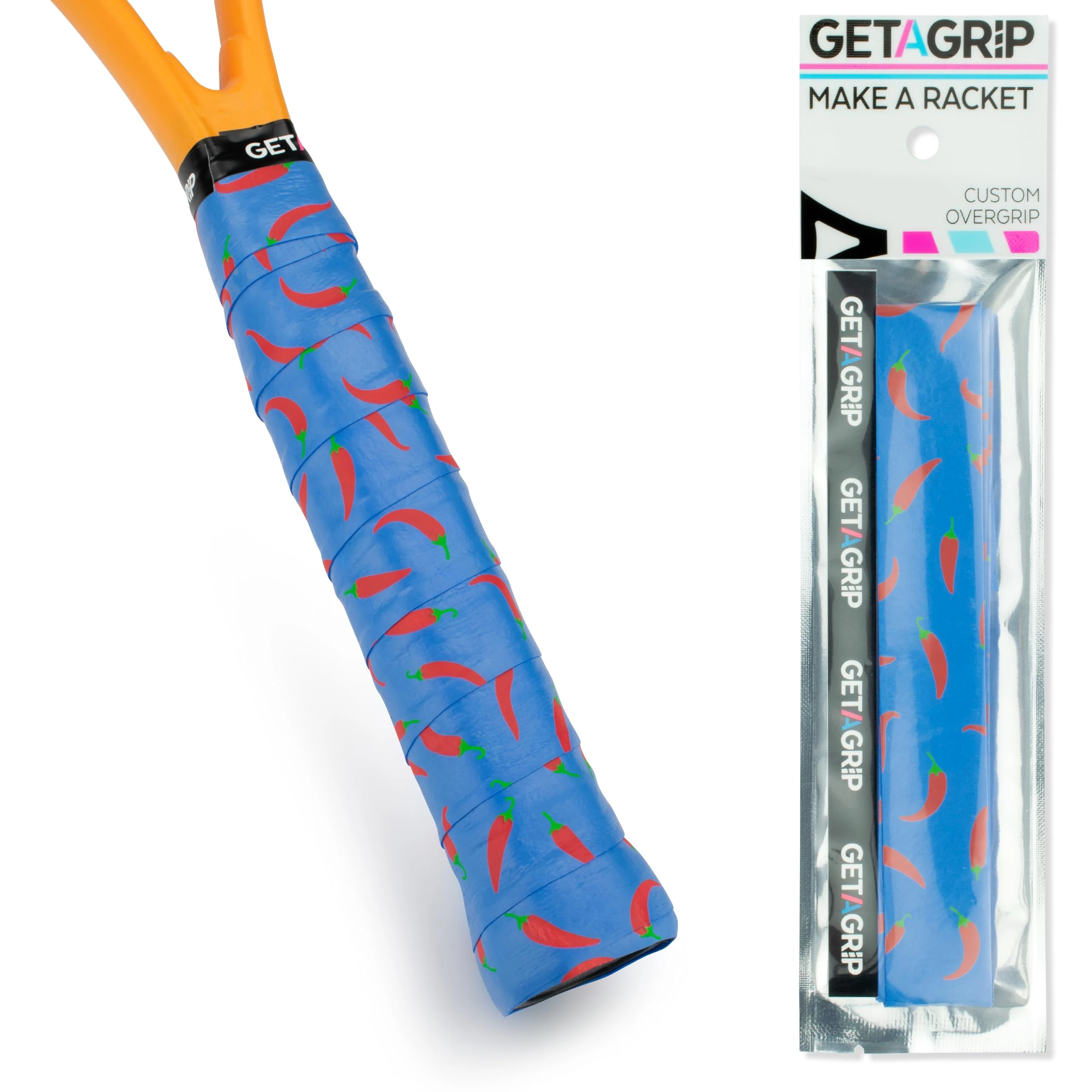 GET A GRIP - Custom Tennis Racket Grip Tape - Anti-Slip/Quick-Drying Tennis Overgrips - Precut Badminton Racket Grip with Finishing Tape - Squash Racket Grip Tapes (Heatwave, 1 Grip)