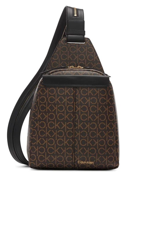 Calvin Klein Women's Millie Vegan Leather Monogram Backpack, 2 Pockets Myra Convertible Sling, Brown/Khaki/Black, One Size