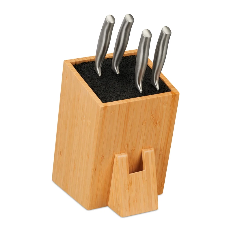 Relaxdays Knife Block, Storage for Blades, Universal Holder, Bristle Insert, Bamboo Rack, Without Knives, Natural/Black