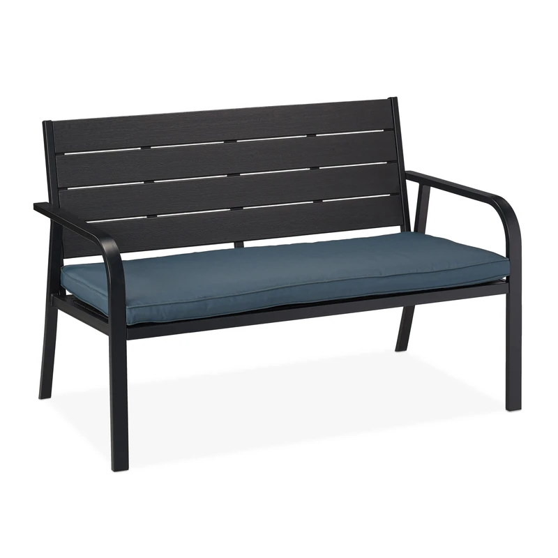 Relaxdays Garden Bench With Seat Cushion, Wood Look, HxWxD: 78 x 118 x 66 cm, 2 Seater, Sturdy , Black/Grey